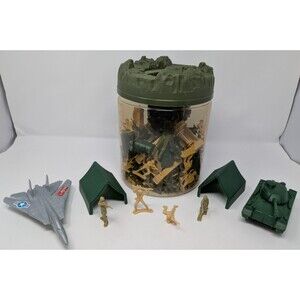 Plastic Army Men Bucket Playset Green Tan Tank Navy Jet Soldiers Tents Set